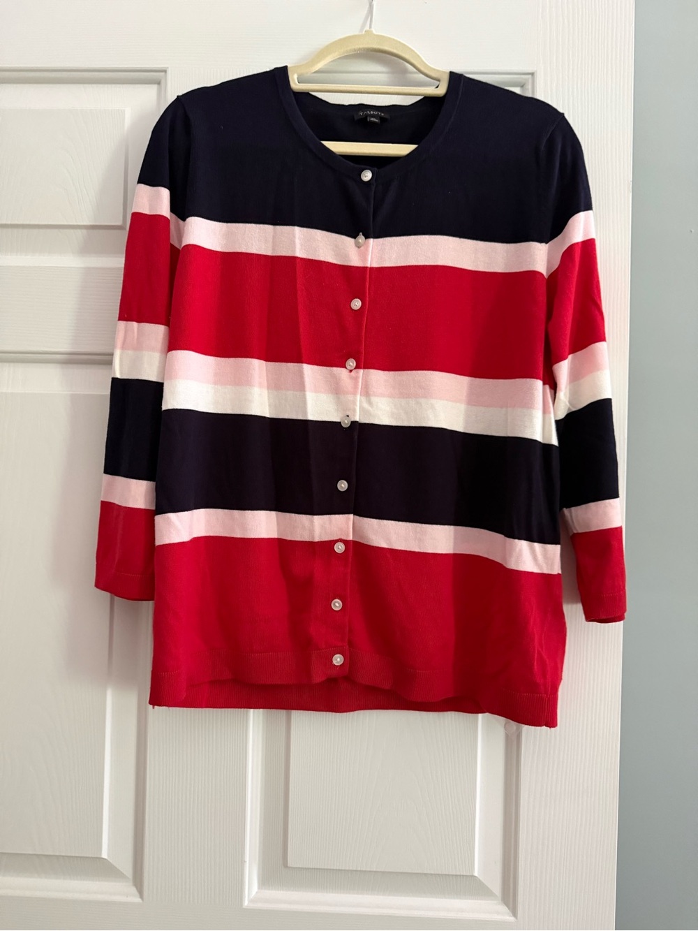 Talbots Bold Red, Navy & White Striped Knit Top.